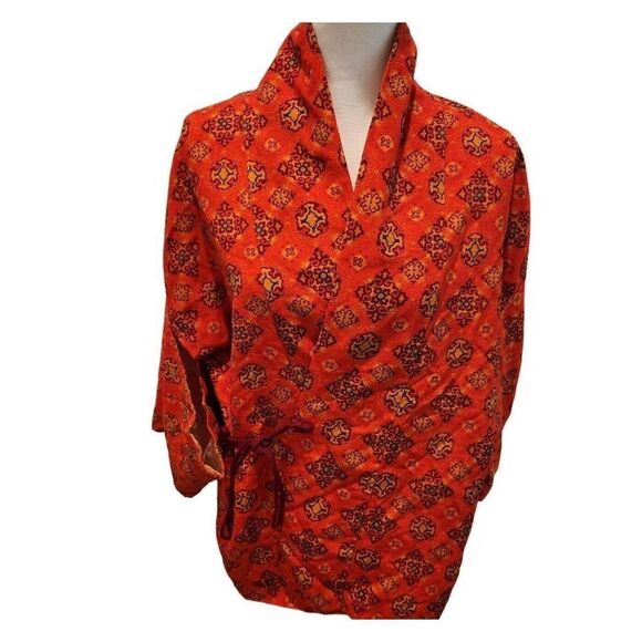 Vintage 50s 60s Red Kimono Jacket XXL Japan Haori Block Print Silk - Picture 1 of 7